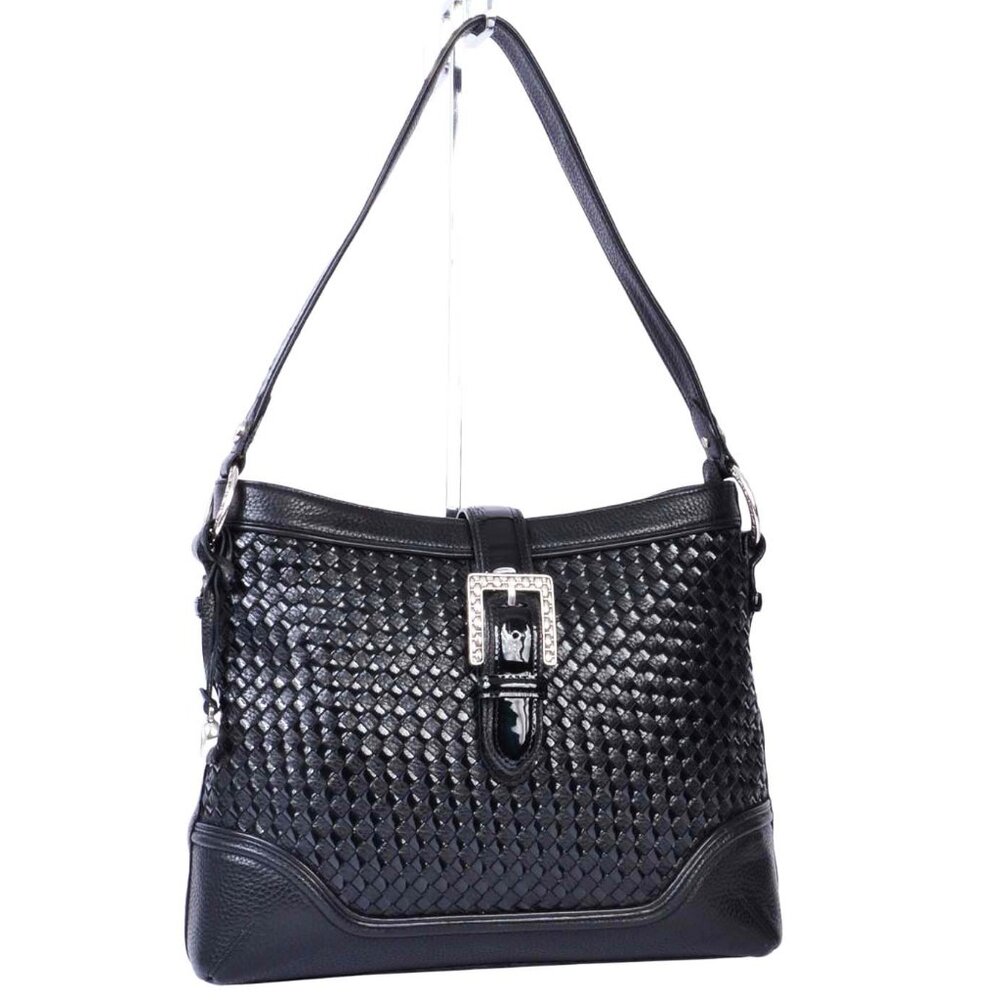 NEW W/O TAGS BRIGHTON Black Patent Leather Basket Weave Shoulder Bag w/Dust Bag!